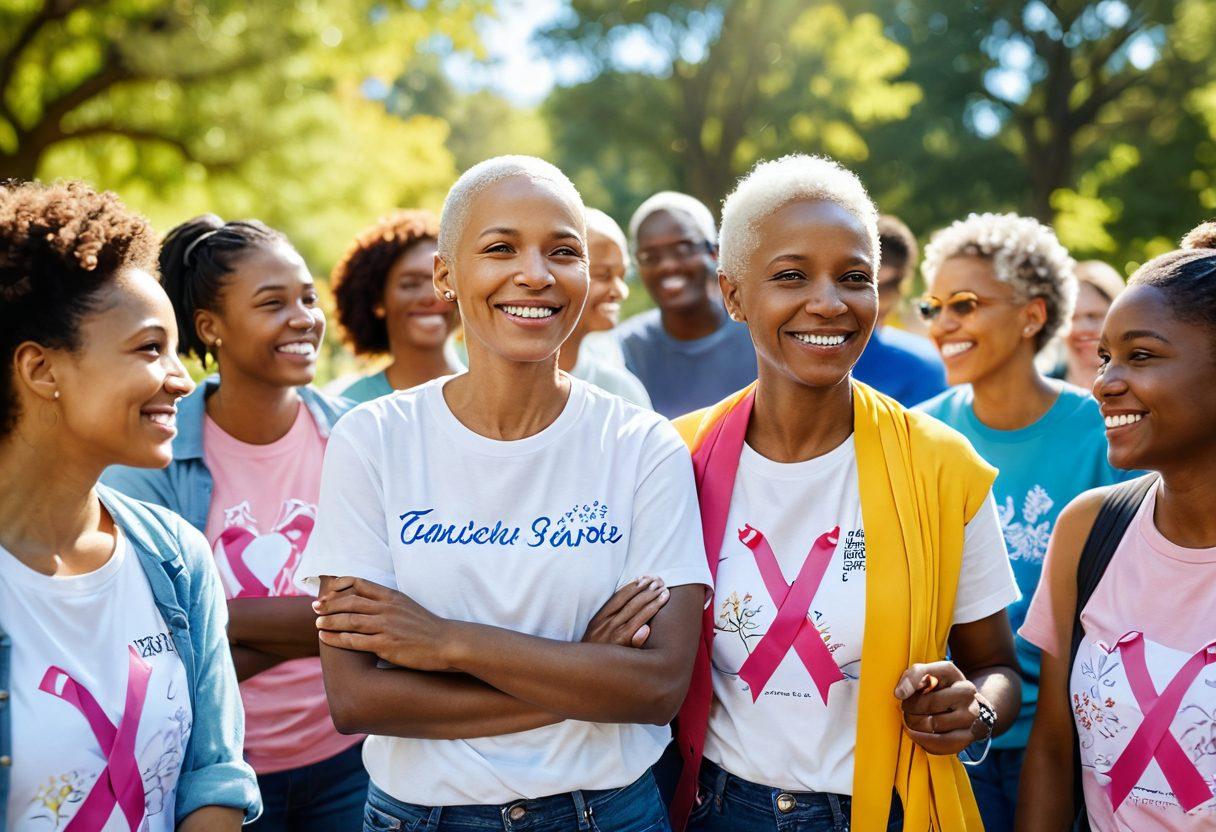 A supportive community gathering, with diverse individuals sharing emotional stories in a sunny park, surrounded by symbols of hope like ribbons and flowers. A courageous cancer survivor smiles, embraced by friends, representing connection and strength. Bright colors and uplifting scenery create a warm, inviting atmosphere. super-realistic. vibrant colors. soft background.