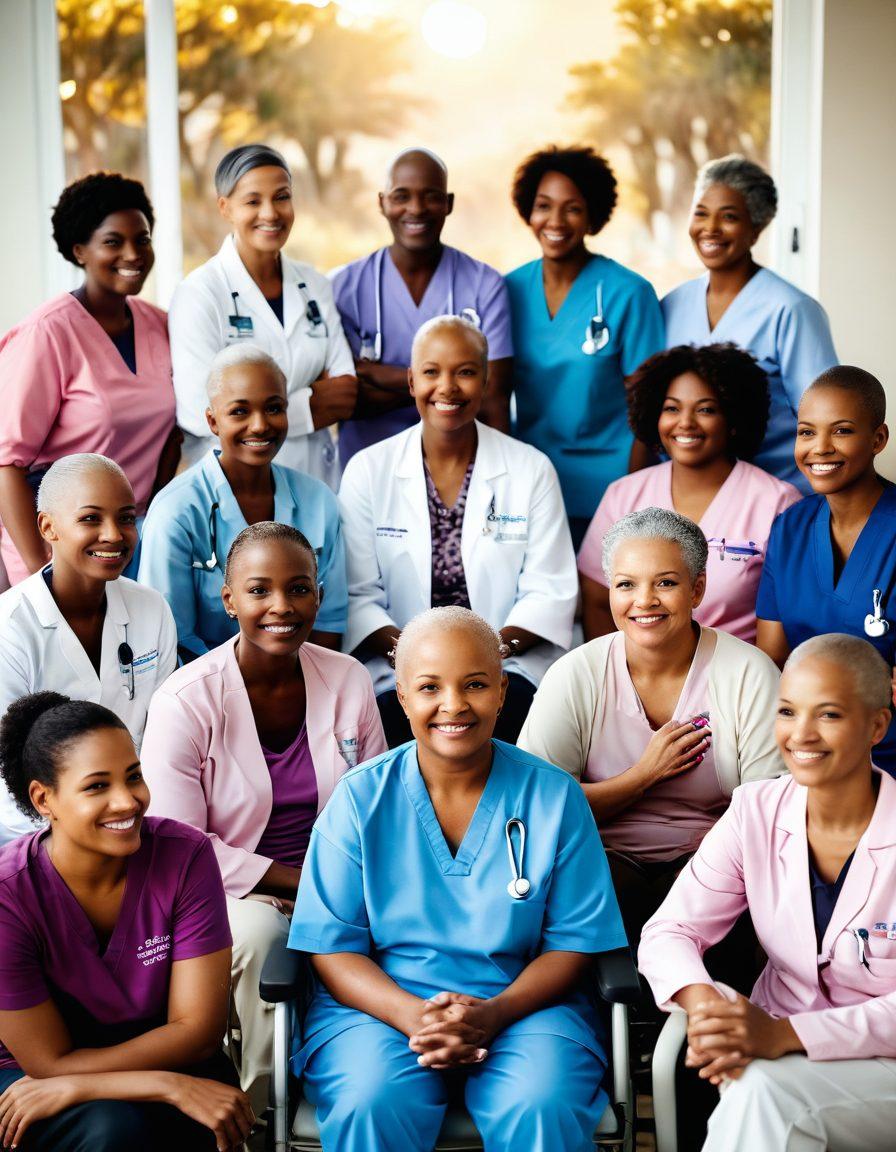 A diverse group of cancer patients of various ages and backgrounds, sitting in a supportive circle, sharing stories and uplifting each other. In the background, inspirational imagery of healthcare professionals, medical equipment, and symbols of hope like ribbons and sunrise. Warm, soft lighting to create a sense of comfort and empowerment. Focus on genuine expressions of resilience and strength. super-realistic. vibrant colors. soft background.