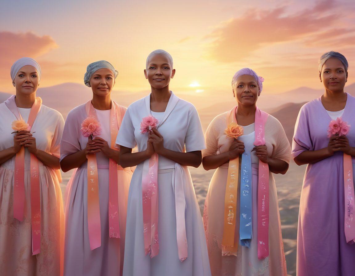 A powerful depiction of a diverse group of cancer survivors standing strong together, each wearing symbolic ribbons representing different cancer types. The backdrop features a soft sunrise, symbolizing hope and new beginnings, with delicate floral motifs intertwined around them. Their expressions reflect resilience and empowerment, showcasing unity in diversity. super-realistic. vibrant colors. soft-focus background.